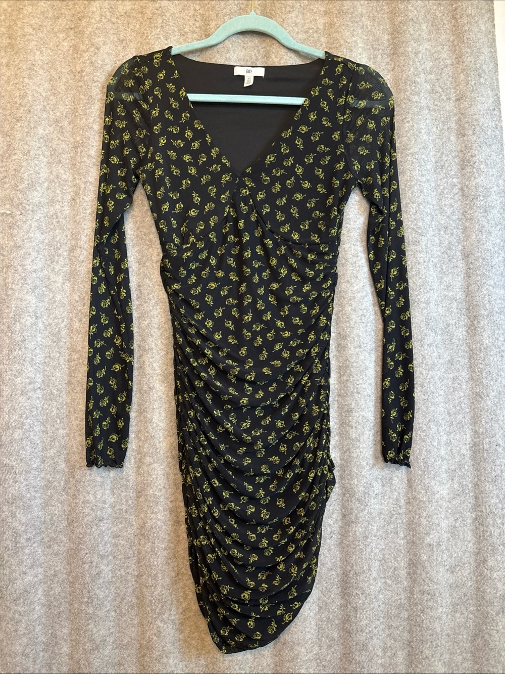 bp Black Dress with Green Floral Print, Long-Sleeve Ruched V-Neck